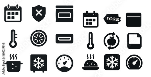 Food storage and cooking icons set – solid, filled, expiration and preservation symbols