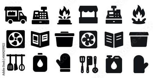 Food and cooking icons set – solid, silhouette, kitchen and restaurant symbols