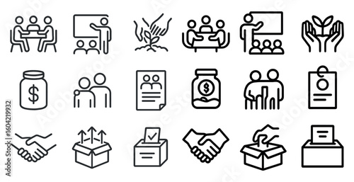 Teamwork and community outline icons set – collaboration, partnership symbols