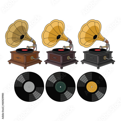 Three vintage gramophones with vinyl records in a row