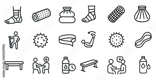 Sports injury line icons set – outline, linear, rehabilitation and recovery symbols