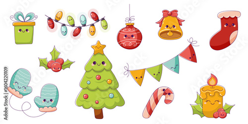 A set of cute Christmas characters and adorable New Year's attributes: a Christmas tree, a ball, gifts, and garlands