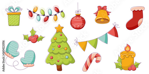 A set of Christmas elements in a cute doodle style, a hand-drawn clipart, a Christmas tree, a gift, a ball, and a garland