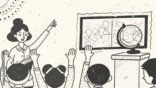 A teacher with raised hand in classroom with students and globe and board with drawing of people and sun silhouette