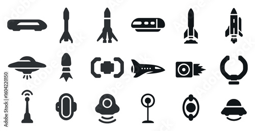 Space exploration icons set – solid, silhouette, galaxy and spaceship symbols