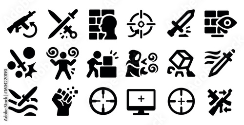 War and combat solid icons set – silhouette, battle, tactical symbols for gaming