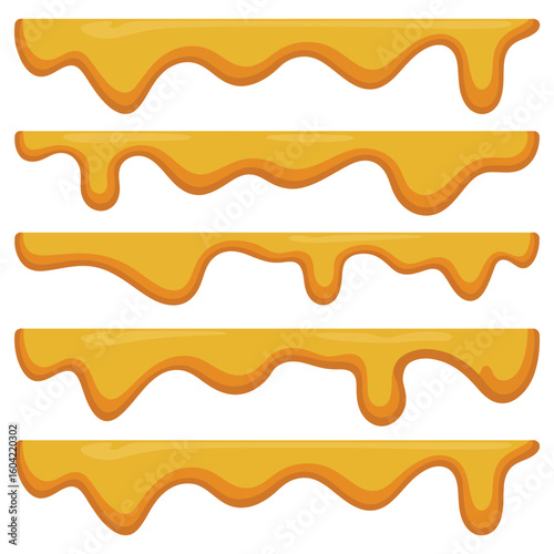 Collection of five dripping honey or syrup lines on white background