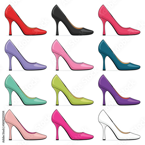 Collection of colorful high heel shoes arranged in a grid pattern