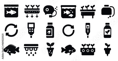 Aquaponics solid icons set – flat, filled, hydroponics and fish farming symbols