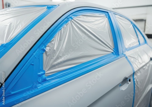 Car being prepared for painting in an auto body shop during daytime