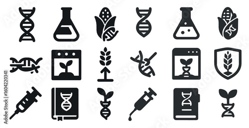 Biotechnology and science solid icons set – filled, dna and laboratory research symbols