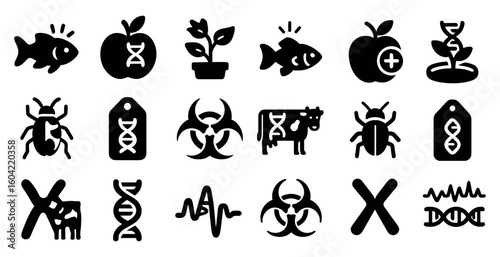 Biotechnology silhouette icons set – filled, solid, genetic and dna symbols