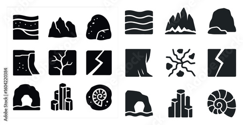 Geology and nature silhouette icons set – solid, filled, earth science symbols