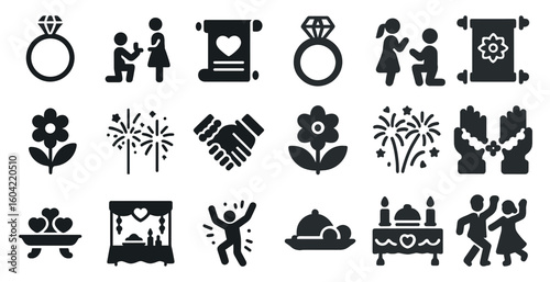 Wedding and celebration solid icons set – filled, party, and romantic symbols