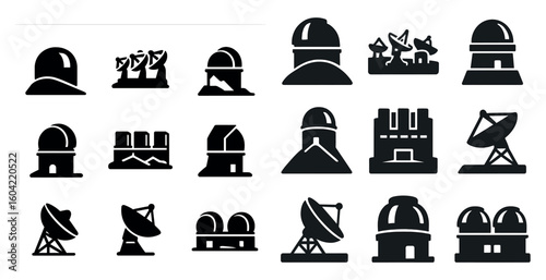 Space observatory icons set – silhouette, solid, astronomy and telescope symbols