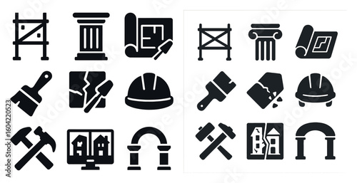 Construction and architecture icons set – solid, tools, building project symbols