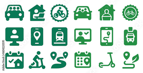 Transportation and travel icons set – filled, solid, navigation and commuting symbols