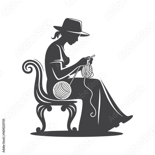 Woman knitting on ornate chair yarn needles