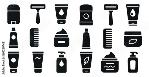 Personal care solid icons set – grooming, hygiene, beauty essentials symbols