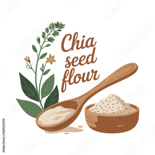 Healthy chia seed flour in wooden spoon and bowl with green leaves