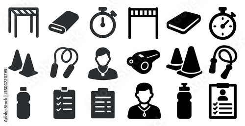 Sports and fitness solid icons set – filled, workout, exercise symbols