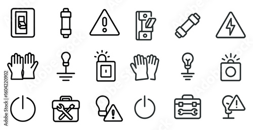 Safety and security outline icons set – line, protective, precautionary symbols