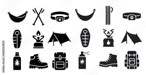 Camping and hiking solid icons set – filled, adventure and outdoor activity symbols
