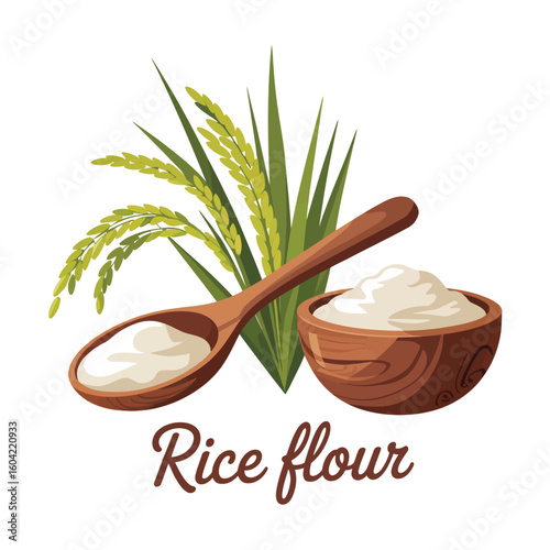 Wooden spoon and bowl filled with white rice flour next to rice stalks