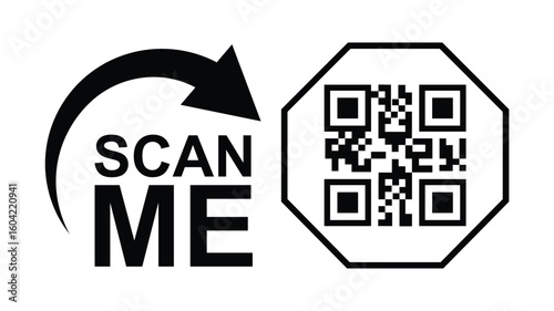 Minimalist black and white graphic design with bold 'SCAN ME' text, curved arrow, and hollow rectangles creating a QR code scan effect. Clean lines, symmetrical composition. Ideal for apps, websites,