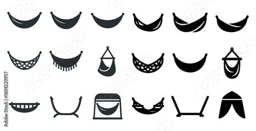 Hammocks and swings solid icons set – flat, filled, design and relaxation symbols