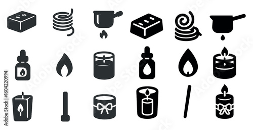 Candle making solid icons set – filled, crafting, and wax diy symbols