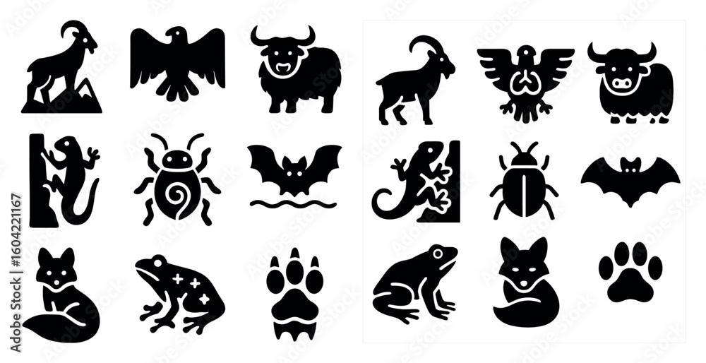 Fototapeta premium Wildlife silhouette icons set – animal, nature, solid and filled symbols