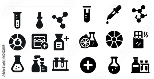Science and chemistry icons set – silhouette, filled, lab and research symbols