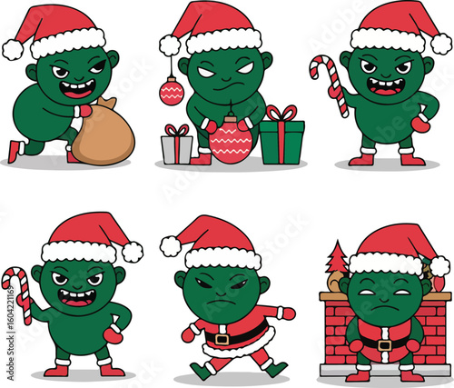 Grumpy Green Goblins in Santa Hats: A collection of mischievous Christmas characters.