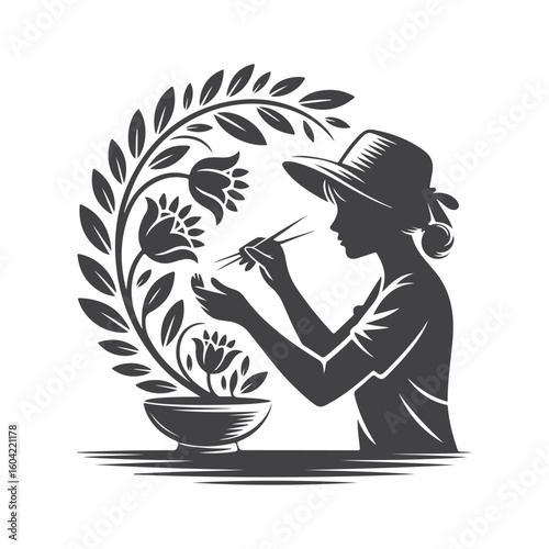 Woman tending to floral arrangement with chopsticks silhouette plant