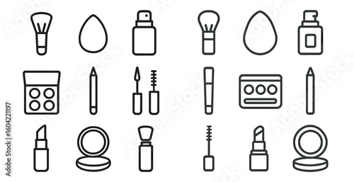 Beauty and makeup outline icons set – flat, silhouette, cosmetic and skincare symbols