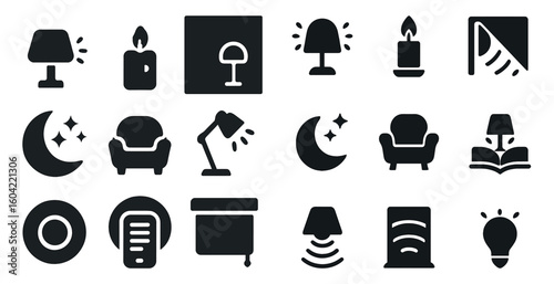 Home decor silhouette icons set – lamps, candles, cozy ambiance designs