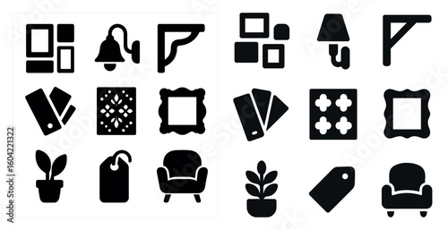 Home decor solid icons set – filled, interior, furniture and design symbols