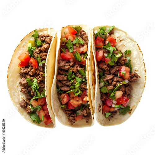 three tacos with meat, tomatoes, and avocado isolated on transparent background
