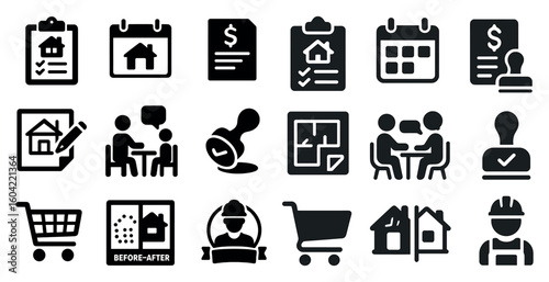 Real estate solid icons set – flat, filled, housing and property symbols