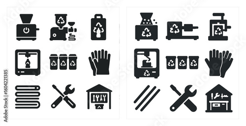 Recycling and waste management icons set – solid, filled, eco-friendly symbols