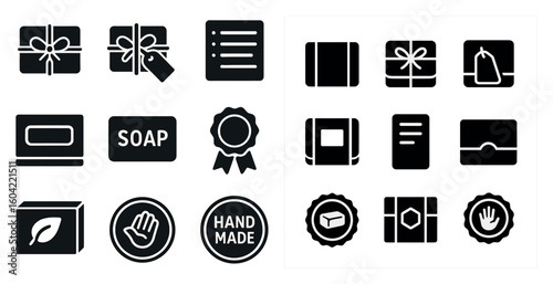 Gift and retail solid icons set – packaging, silhouette, awards and badges