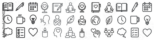 Mindfulness and wellness outline icons set – line, health, meditation symbols