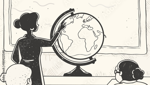 Teacher pointing at globe in classroom with students learning geography and world map exploration lesson silhouette