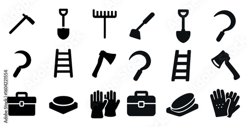 Gardening tools silhouette icons set – filled, solid, horticulture and landscape designs