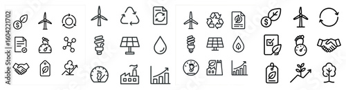 Eco-friendly outline icons set – sustainable, green energy, recycling symbols
