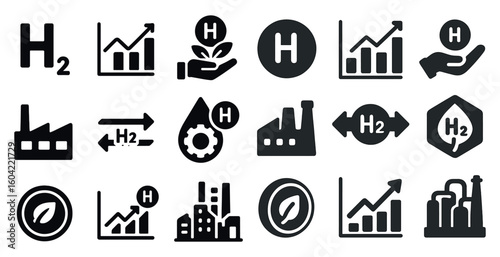 Hydrogen technology solid icons set – energy, eco-friendly, renewable symbols