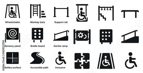 Inclusive playground silhouette icons set – solid, wheelchair, accessibility symbols