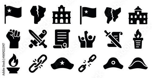 Revolution independence solid icons set – filled, silhouette, freedom and history symbols