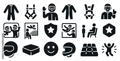 Skydiving and adventure silhouette icons set – extreme, filled, daring symbols